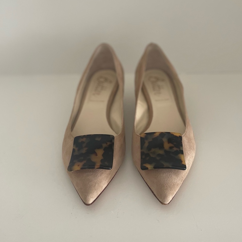 Butter Tan Suede, Tortoiseshell Front Accent Kitten Heels